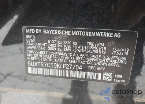 2019 BMW X3 Sdrive30I z USA, uszkodzony, nr VIN 5UXTR7C59KLF27704